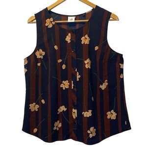 CAbi Scroll Top Women’s Large Blue Brown Striped Floral Button Front Sleeveless